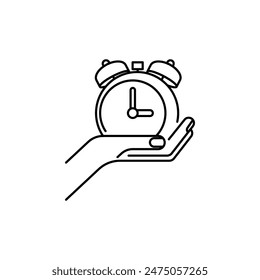 Hand with a clock linear icon. Time management. Thin line customizable illustration. Contour symbol. Vector isolated outline drawing. Editable stroke