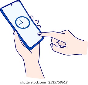 Hand and clock symbol operating a smartphone