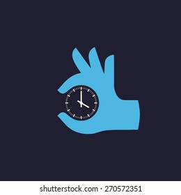 Hand and clock. Vector icon.