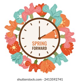Hand of Clocks turn to Summertime. Spring Forward reminder. Vector illustration in flat style with bright, rich flowers and leaves isolated on white background. Summer time in March.