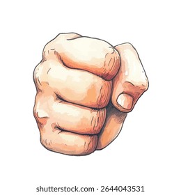 A hand with a closed fist points directly forward. The artwork is in a watercolor style with visible brush strokes and color variations.
