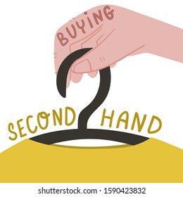 Hand with clothes hanger. Second hand, swap party, garage sale, zero waste, eco minimalist living, less garbage themes concept illustration. 