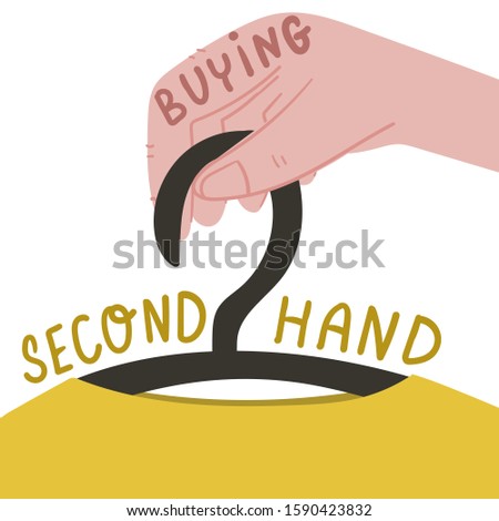 Hand with clothes hanger. Second hand, swap party, garage sale, zero waste, eco minimalist living, less garbage themes concept illustration. 