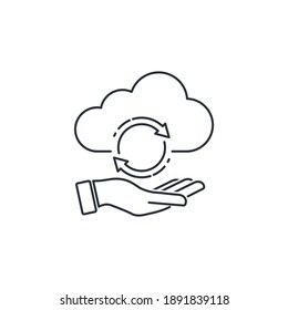 Hand, Wolke, Rotationspfeile. Cloud-Strategie. Lineares Vektorsymbol einzeln auf weißem Hintergrund.