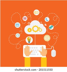 hand with cloud surrounded by icons. Concept of communication in the network