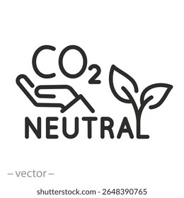 mano con el icono de CO2, sello ecológico limpio, hojas y CO2 neutral, concepto ecológico, emisiones de carbono libres, futuro verde, delgado símbolo de línea sobre fondo blanco - Ilustración vectorial editable de trazo eps10
