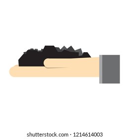 Hand with coal. Mine worker working with shovel in the coal mine. Mining industry concept. Vector cartoon illustration.