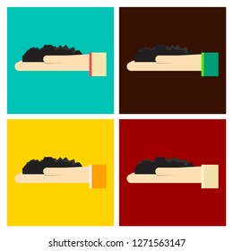 Hand with coal. Mine worker working with shovel in the coal mine. Mining industry concept. Vector cartoon illustration.