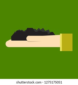 Hand with coal. Mine worker working with shovel in the coal mine. Mining industry concept. Vector cartoon illustration.