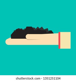 Hand with coal. Mine worker working with shovel in the coal mine. Mining industry concept. Vector cartoon illustration.