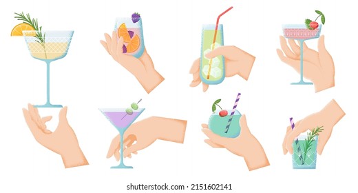 Hand with cocktail. Hands holding drink glass, alcoholic party cocktails. Isolated summer swanky cold beverages with fruits and berries vector set