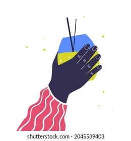 Hand with cocktail. Vector illustration in cartoon style.