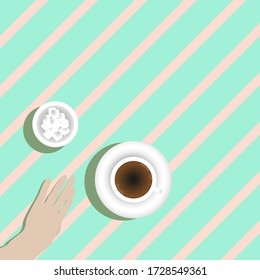 hand with coffe and sugar at pink table