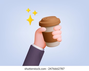 Hand with coffee 3d element. Business human hold take away coffee mug. Morning energy concept, breakfast drink. Realistic render vector background