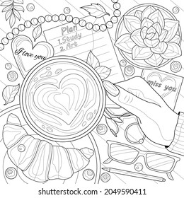 Mano con café, croissant y otras cosas.Leche plana.Antiestrés para libros colorantes para niños y adultos. Ilustración aislada sobre fondo blanco. Estilo zenano-margino. Dibujo manual