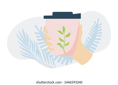 Hand with coffee cup. Reusable cup. Take your cup concept. Ecology protection concept. Modern flat vector illustration.