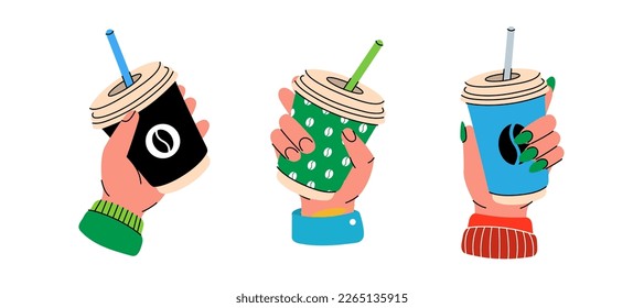 Hand with coffee cup set. Hand holding disposable coffee cup. Matcha tea, cacao, espresso. Vector illustration