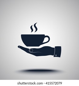 Hand with coffee cup sign icon, vector illustration. Flat design style