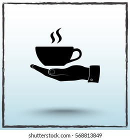 Hand with coffee cup sign icon, vector illustration. Flat design style