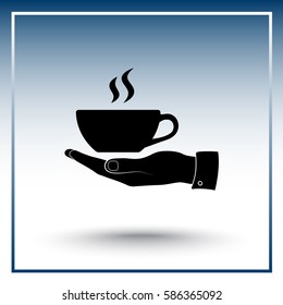 Hand with coffee cup sign icon, vector illustration. Flat design style