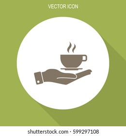 Hand with coffee cup vector icon.