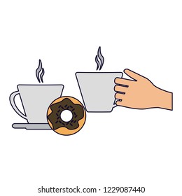 Hand with coffee cups and donut