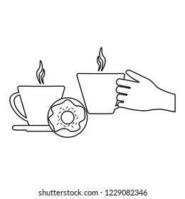 Hand with coffee cups and donut black and white