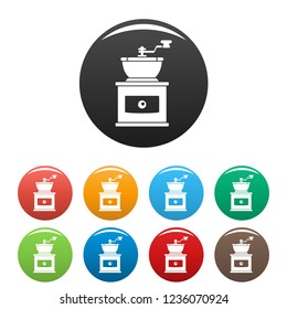 Hand coffee grinder icons set 9 color vector isolated on white for any design