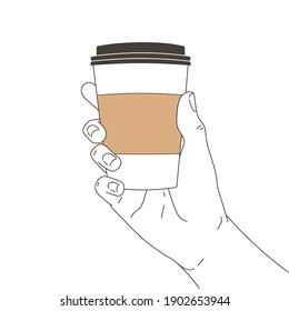 Hand with Coffee paper cup. Holding a take-away drinking cappuccino espresso to go. Coffee break at the cafe shop. Person barista gives another a mug. Vector realistic vintage illustration