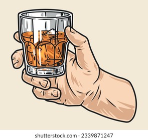 Hand with cognac element colorful faceted glass filled with armagnac alcoholic drink for wine list and menu design vector illustration