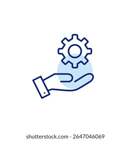 Hand and cogwheel. Manual control, user-driven settings, interactive configuration, hands-on adjustment, personalized setup. Pixel perfect, editable stroke vector icon