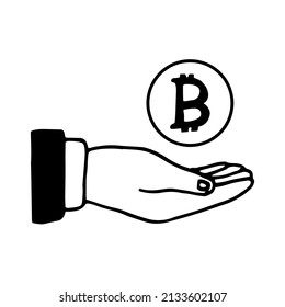 hand with coin icon drawn in doodle style. 