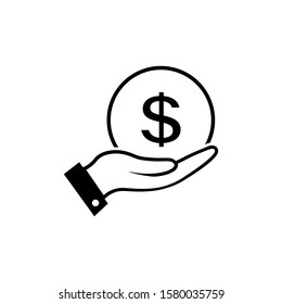 Hand with a coin icon in flat style. Money in hand symbol isolated on white background. Simple abstract dollar in hand sign in black. Vector illustration for graphic design, logo, Web, UI, mobile app.