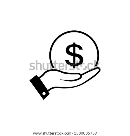 Hand with a coin icon in flat style. Money in hand symbol isolated on white background. Simple abstract dollar in hand sign in black. Vector illustration for graphic design, logo, Web, UI, mobile app.