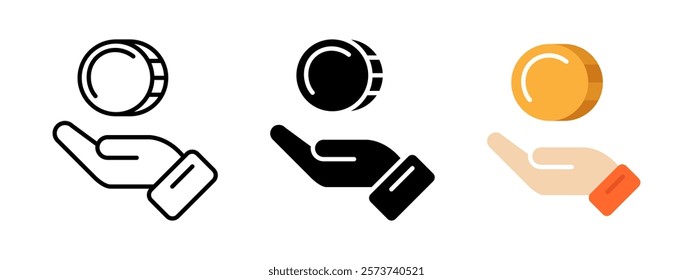 Hand with coin icon. Hand holding a coin vector illustration. Investment profit symbol. Salary and savings sign. Business earnings pictogram. Income or payment concept. Banking dollar or cent currency