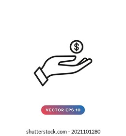 Hand with coin icon on white background