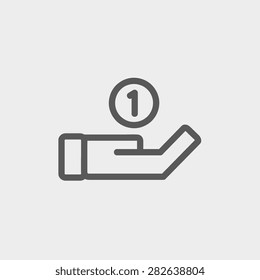 Hand and coin icon thin line for web and mobile, modern minimalistic flat design. Vector dark grey icon on light grey background.