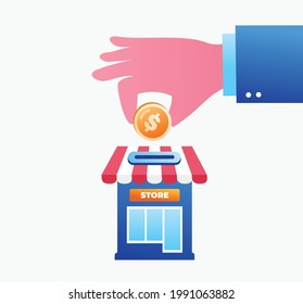 Hand with coin. Investing Landing page website illustration flat vector template 