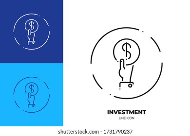 Icono vectorial de la línea de moneda con la mano. Símbolo de esquema de pago. Pictograma de inversión hecho de ligamento delgado. Aislado en segundo plano.