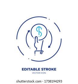Hand with coin line art vector icon with editable stroke. Outline symbol of payment. Investment pictogram made of thin stroke. Isolated on background.