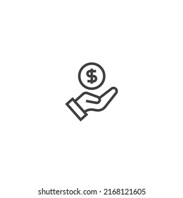 Hand mit einem Münzzeilensymbol. lineares Stilzeichen für mobiles Konzept und Webdesign. Rahmenvektorsymbol. Symbol, Logo-Abbildung. Vektorgrafik