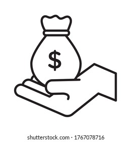 hand with coin money dollar payment bag online line style vector illustration design