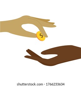 hand coin money donation. Vector icon isolated on white background.