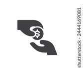 Hand and coin money vector icon. filled flat sign for mobile concept and web design. Donation hand glyph icon. Charity and money donations symbol, logo illustration. Vector graphics