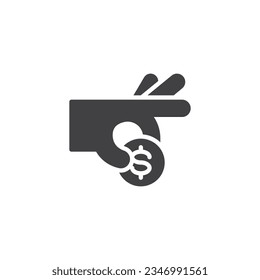 Icono vectorial de la mano con moneda de moneda. signo plano relleno para concepto móvil y diseño web. Icono de glifo de moneda de un dólar de mano. Símbolo de inversión, ilustración del logotipo. Gráficos vectoriales