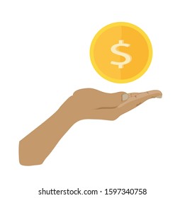 hand with coin on white background