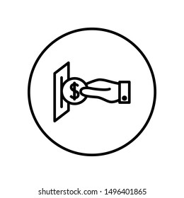 Hand with a coin. Payment. Self catering. Universal icon for web and mobile application. Vector illustration on a white background. Editable Thin line.