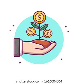 Hand WIth  Coin Plant Cartoon Vector Icon Illustration. People Finance Icon Concept Isolated Premium Vector. Flat Cartoon Style