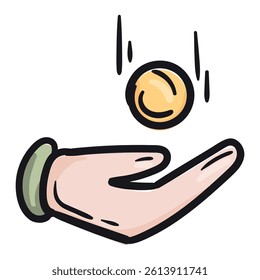 Hand with coin. Vector hand drawn doodle illustration for print, sticker. Profit, salary, savings icon
