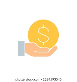 Hand with a coin white outline icon. Finance, payment, invest finance symbol design.